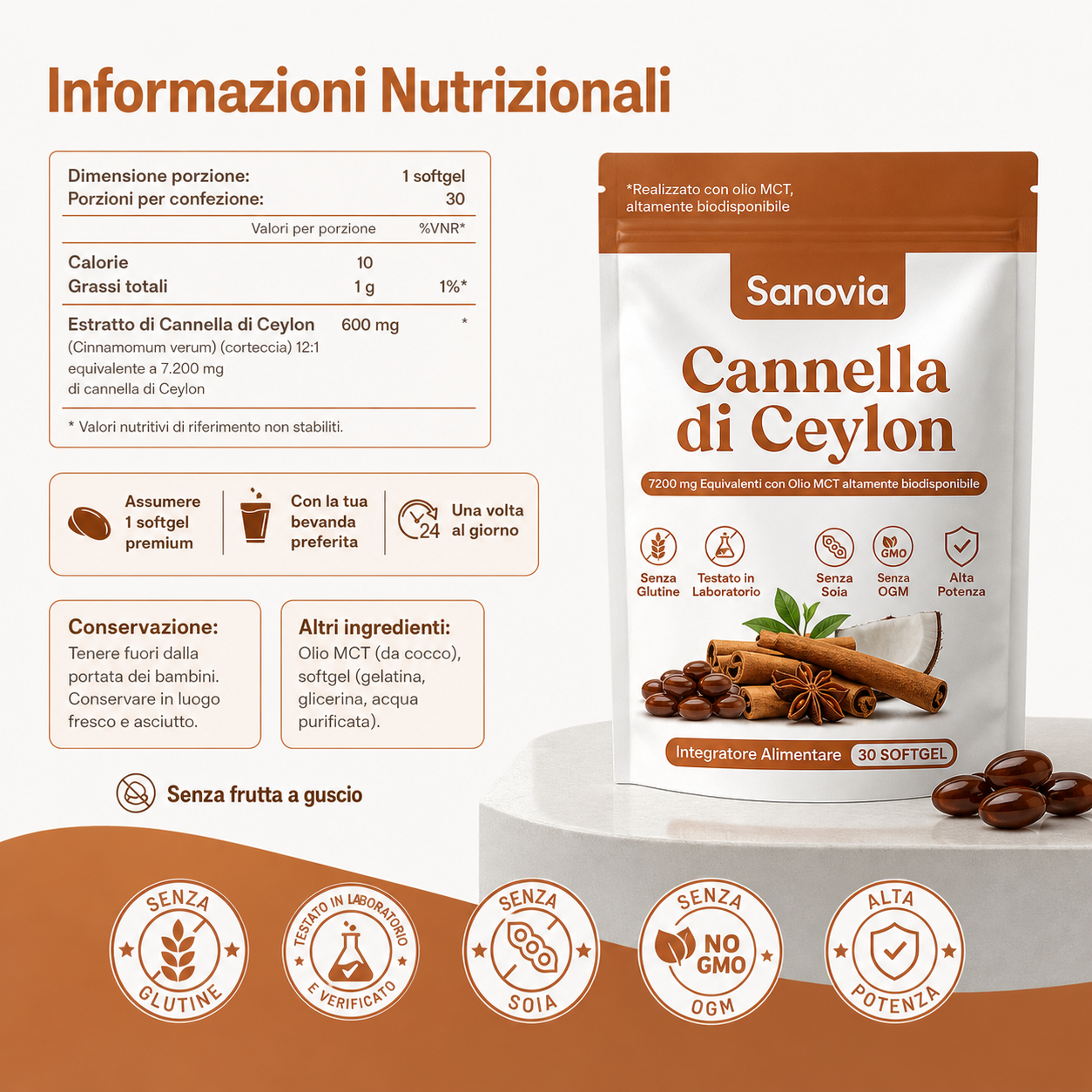 Cannella di Ceylon (equivalente a 7200 mg) con olio MCT